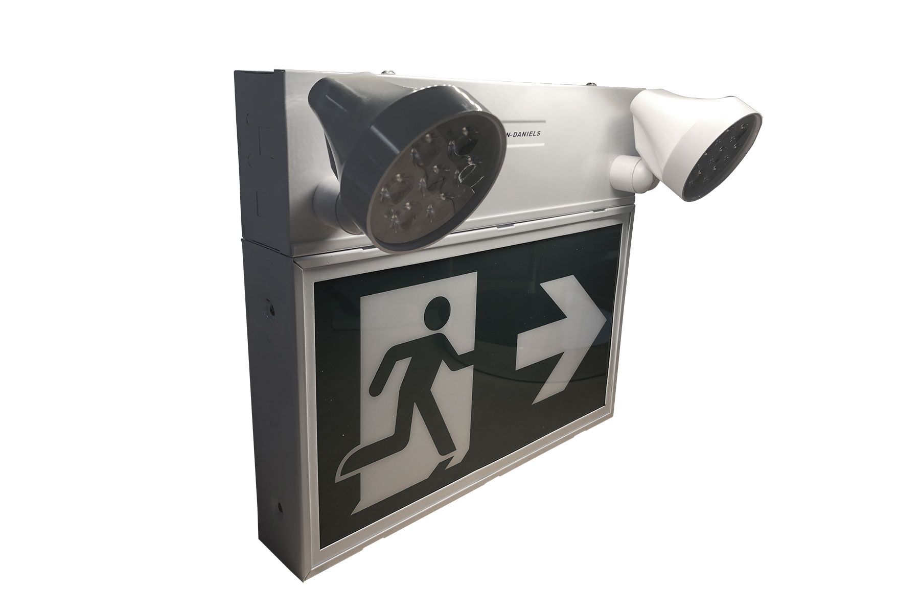 EC302WHM-A13-BB-GU-10RC - LED Running Man Exit Sign with Combo Heads, Adjustable 2 X 5W Combo Heads, Internal Battery May Power Up to 34W of Remote Heads at 6VDC, 120 / 347V, Battery Back Up > 120 Min, Remote Capable, CAN ICES-005 (B) / NMB-005 (B) - Image 2