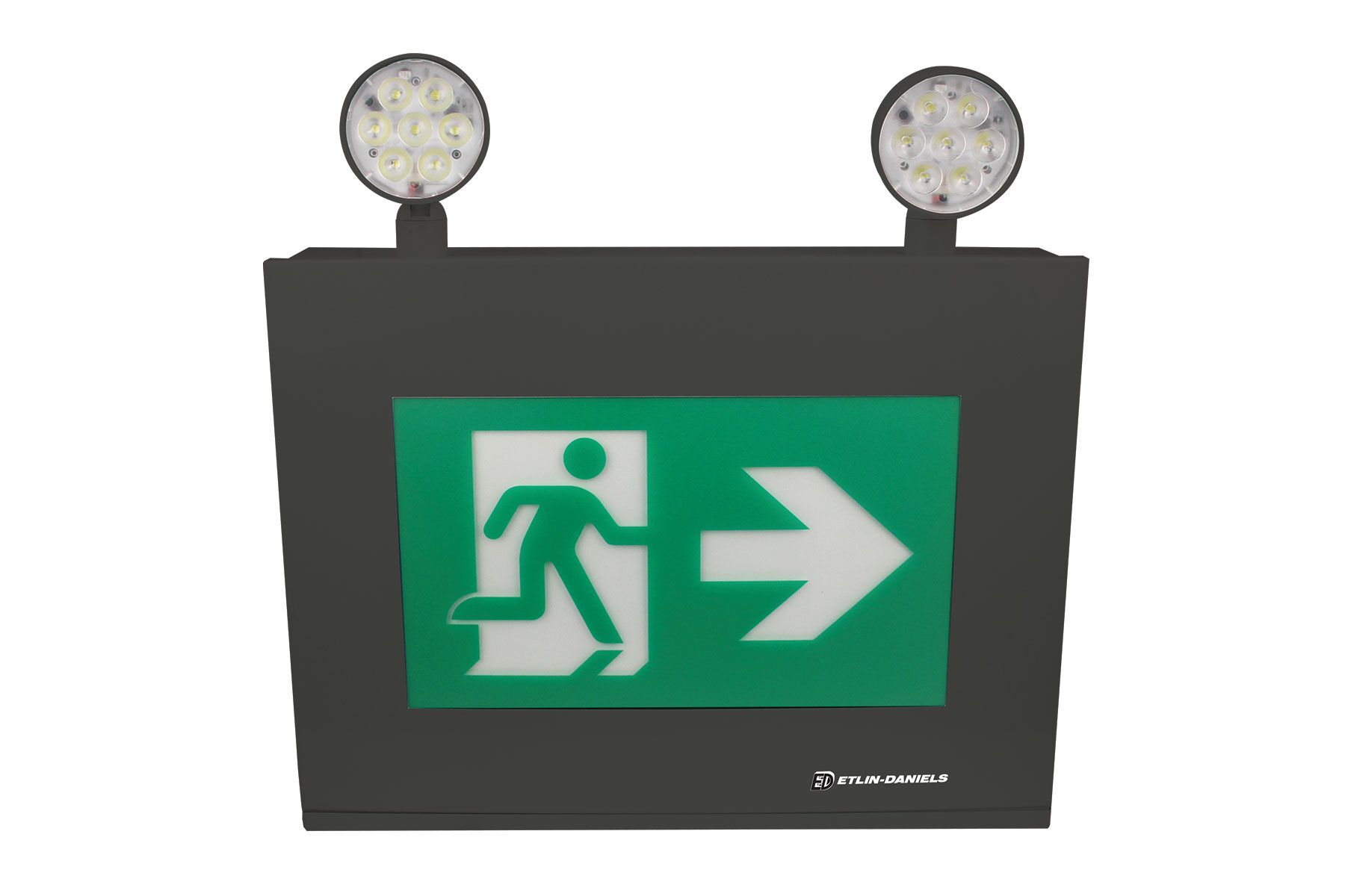 EC3320BLM-A13U24-BB-GU-10RC - LED Running Man Exit Sign with Combo Heads, Adjustable 2 X 5W Combo Heads, Internal Battery May Power Up to 320W of Remote Heads at 24VDC, 120 / 347V, Battery Back Up > 120 Min, Remote Capable, CAN ICES-005 (B) / NMB-005 (B)
