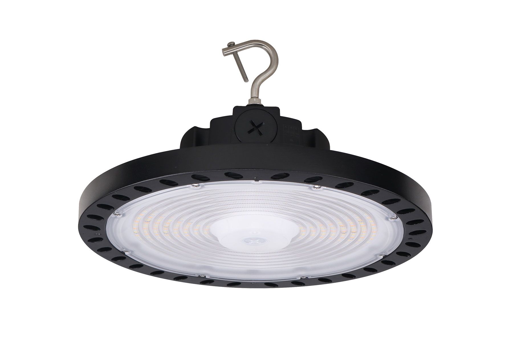 HBRA9-M240WC0MB-C9-10B - Multi Wattage and Color Selectable 13 Inch. Round High Bay LED Lights, 0 - 10V Continuous Dimming, Integrated LED, 180W - 3500K = 27000LM / 4000K = 29700LM / 5000K = 27900LM, 200W - 3500K = 29400LM / 4000K = 32400LM / 5000K = 30400LM, 240W - 3500K = 34800LM / 4000K = 38400LM / 5000K = 36000LM, 120 - 347V, CAN ICES-005 (B) / NMB-005 (B)